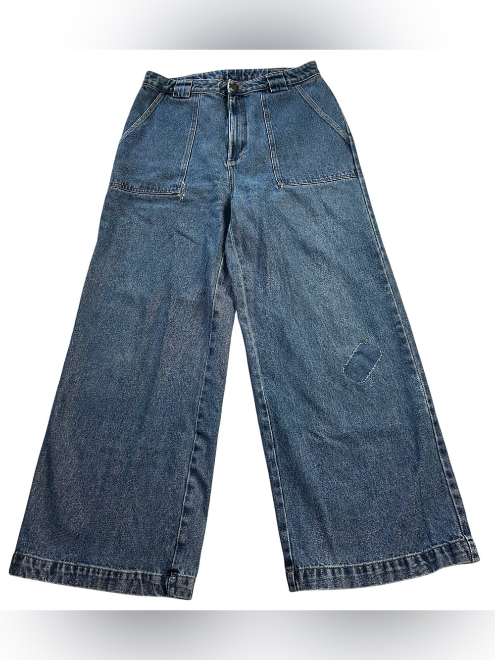Lucy & Yak Delores Wide Leg Denim Jeans Women’s 32 Custom Patch Blue 30” Inseam
